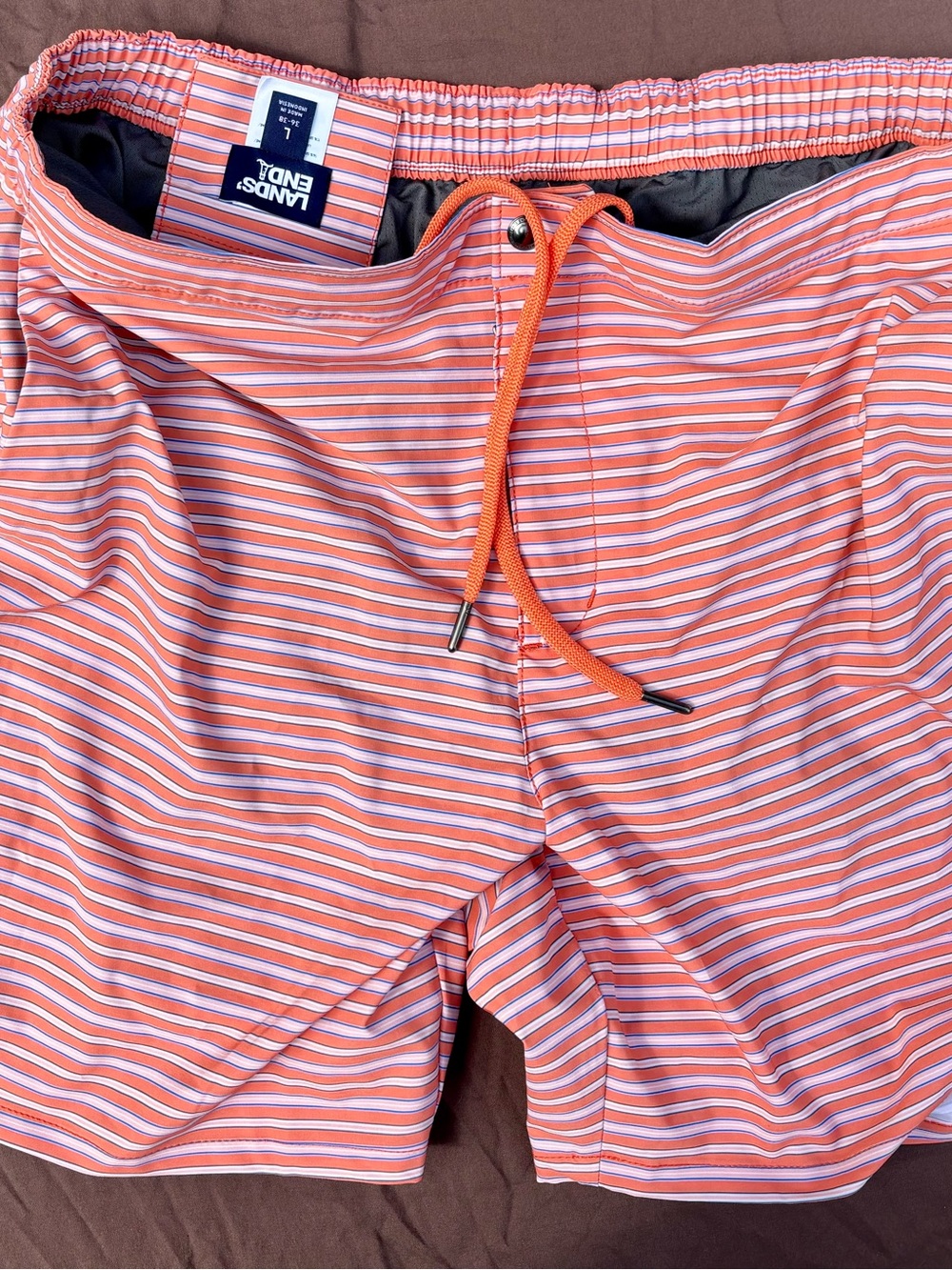 Lands' End Men’s Orange and White Striped Swim Trunks